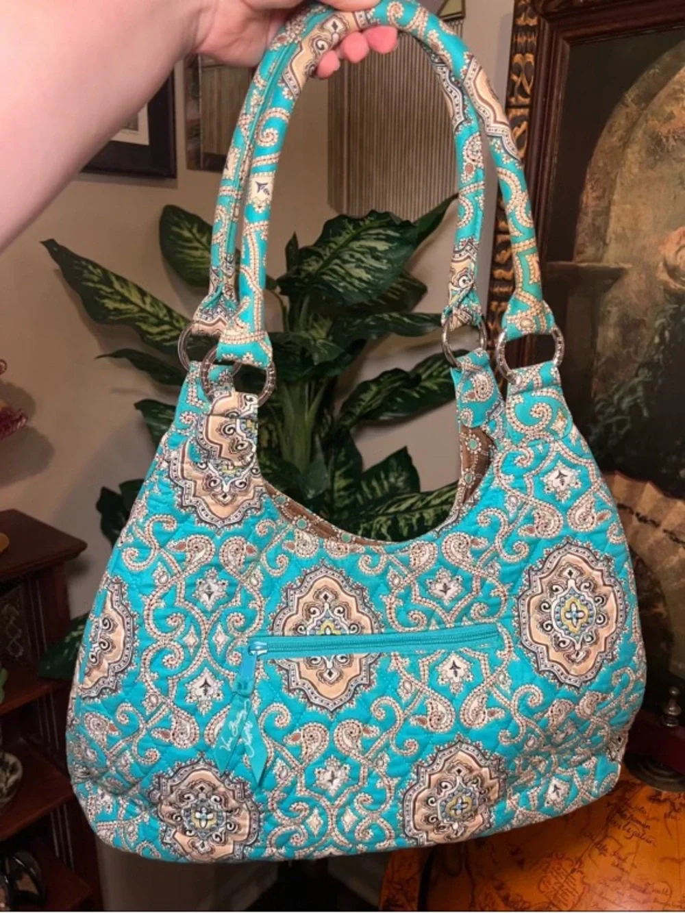 Vera Bradley Hobo Bag Quilted Shoulder Handbag Pockets Blue Turquoise Paisley